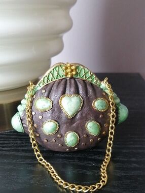 Vintage Miniature Purse Ceramic  Resin Figurine Brown Mint Turquoise